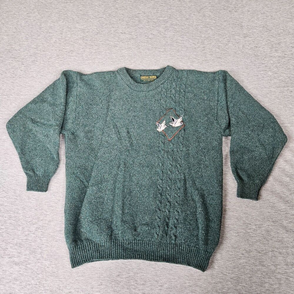 Vintage Country Trader Sweater L Green Cable Knit Shetland Wool Bird Fisherman